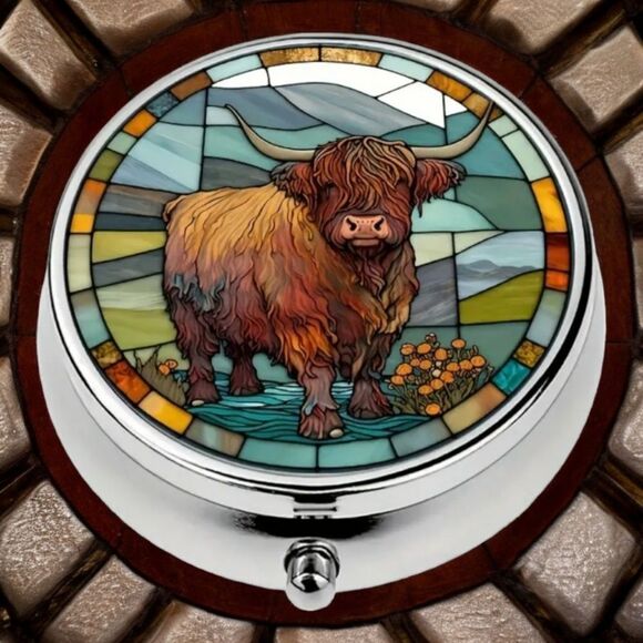 Highland Cow Pill Box Medicine Mini Stainless Steel Case Mirrored Travel Rustic - Picture 1 of 8